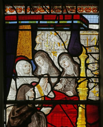 Fenster mit Darstellung von Engeln und Dämonen beim Tod der Heiligen Genoveva von French School